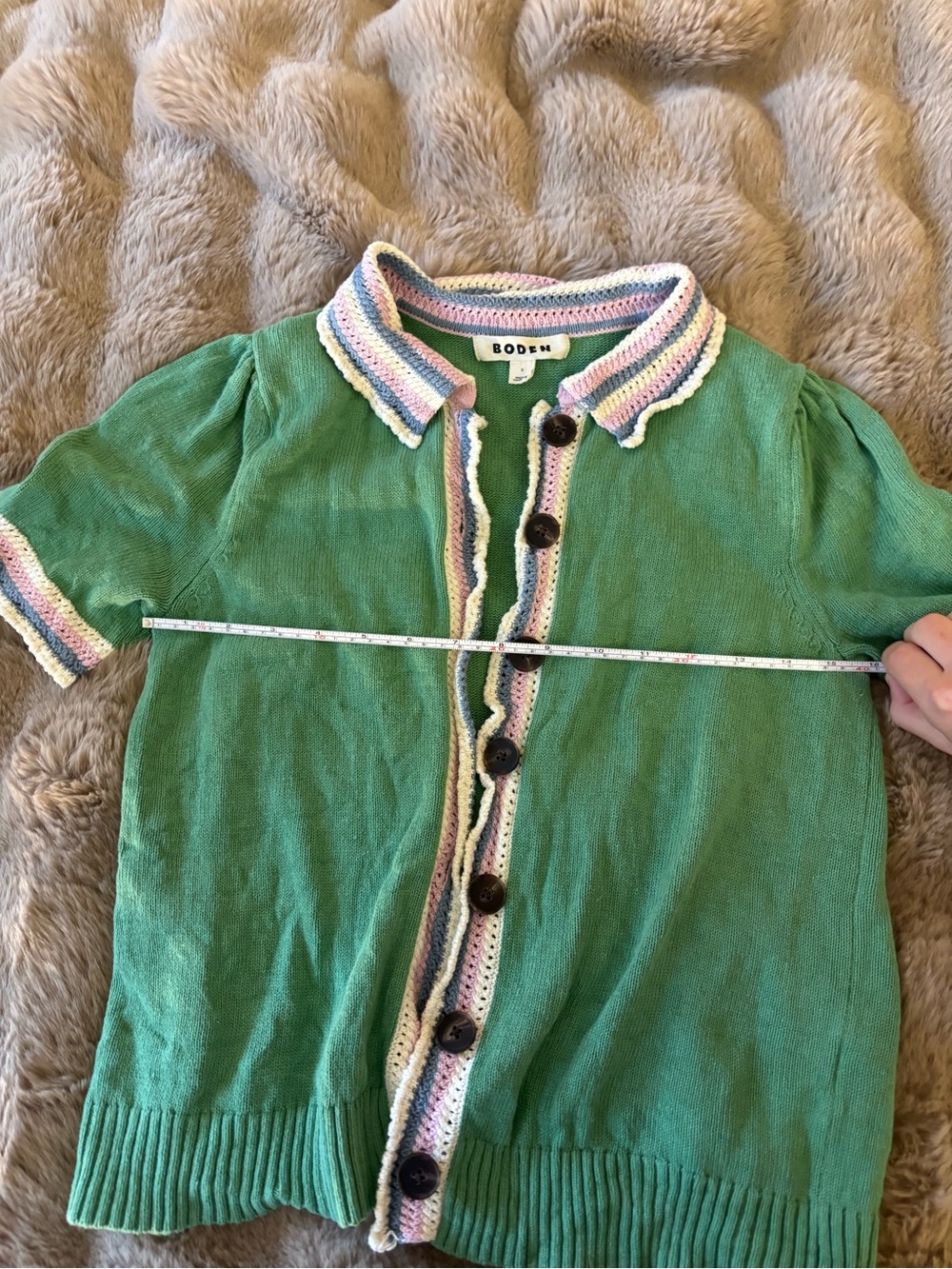 Boden Green Short-Sleeve Button Cardigan with Multicolor Trim
